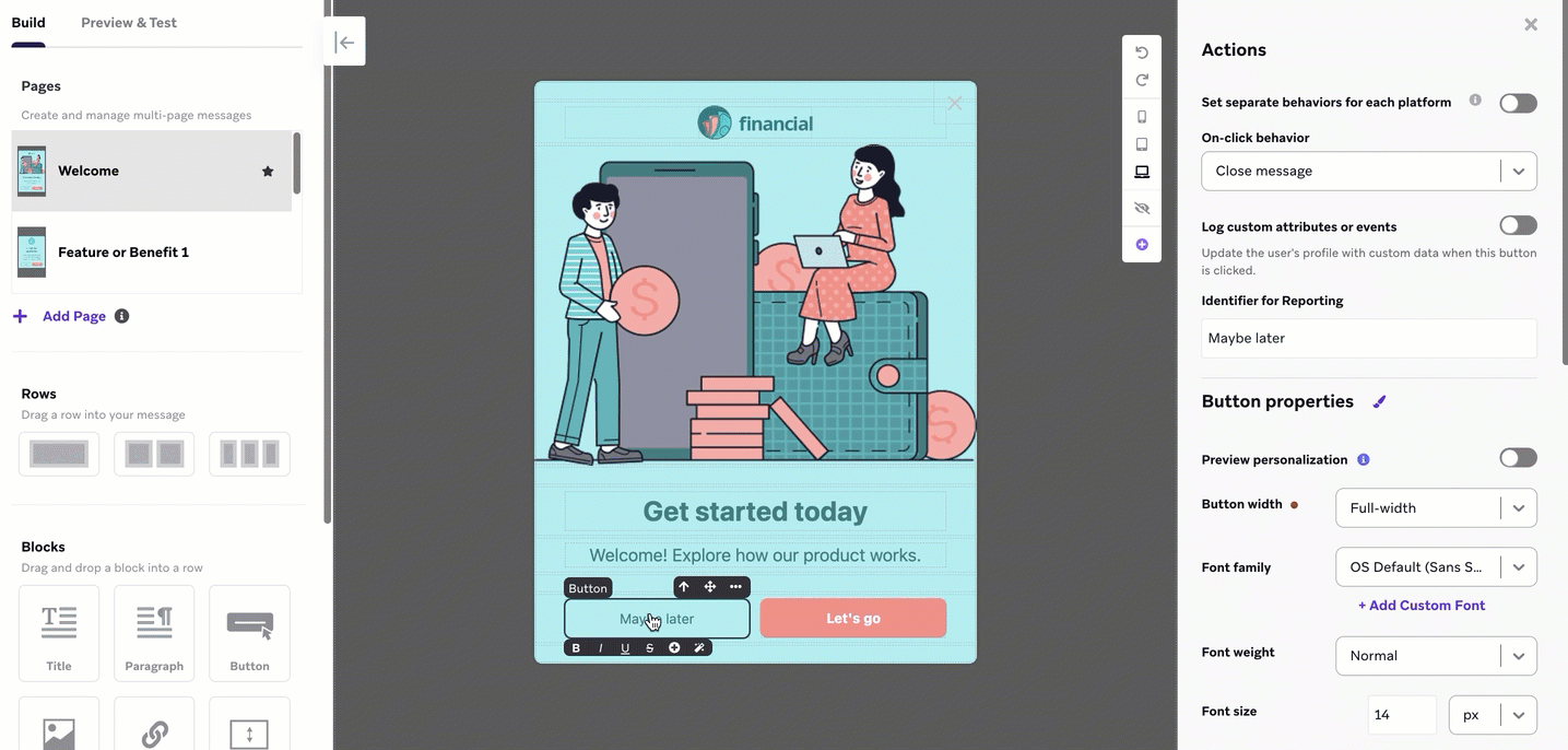 A user is editing the primary action button to go to Page 2 of the in-app message.
