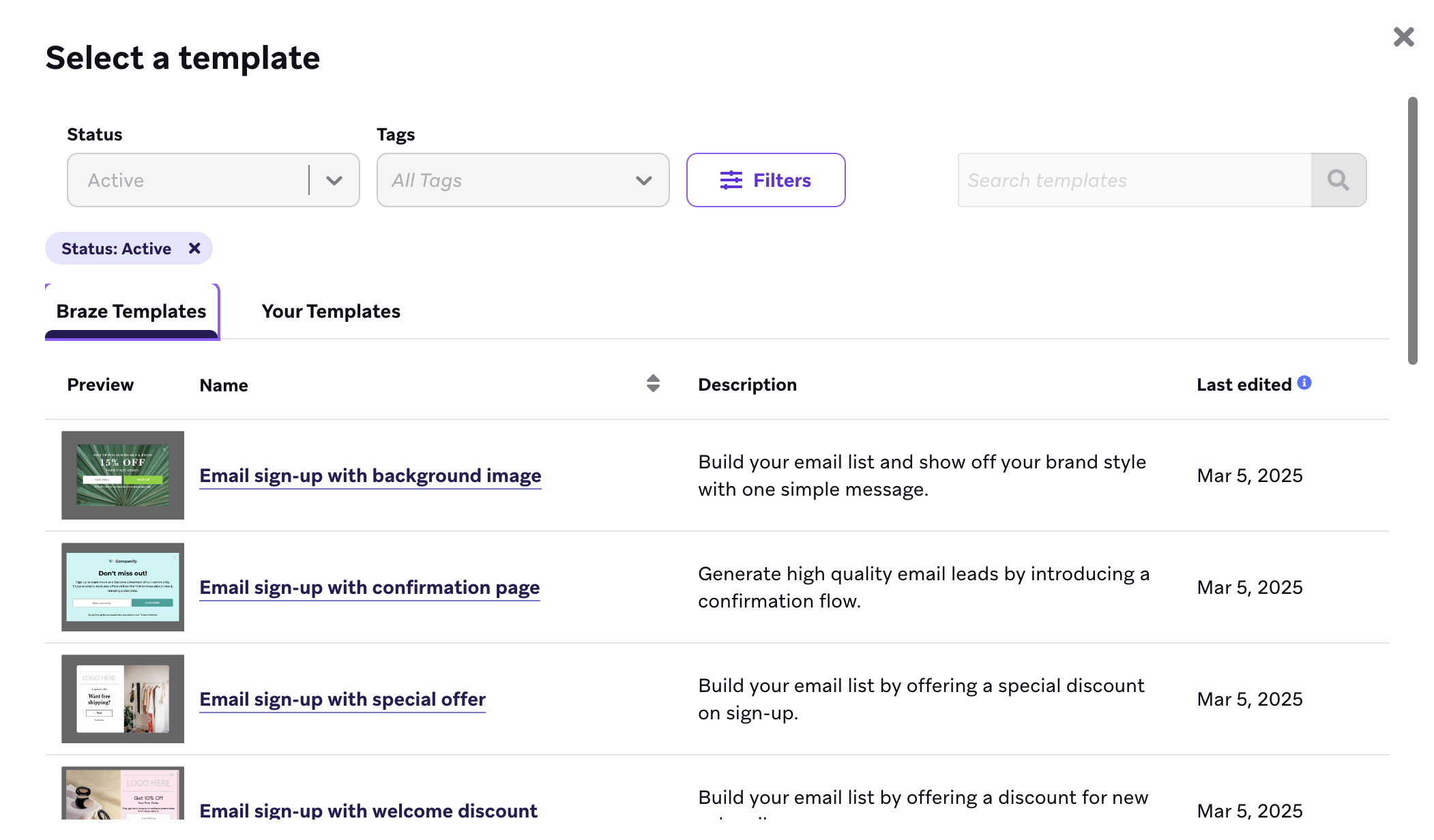 The Braze Templates section where you can choose a basic, background image, phone number capture, or blank template.