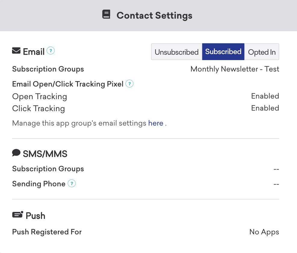 A user profile displaying the contact settings of a user. Here, you can see what apps push is registered for.