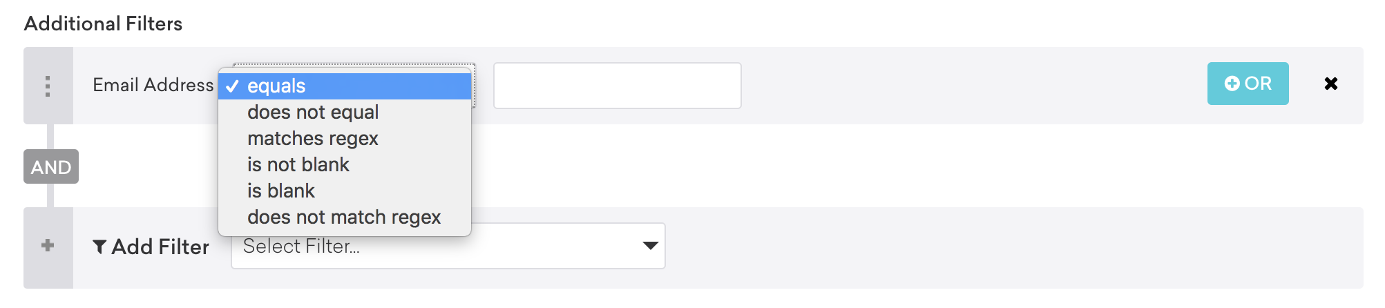 A dropdown menu displaying several filters listed under a heading that reads Testing